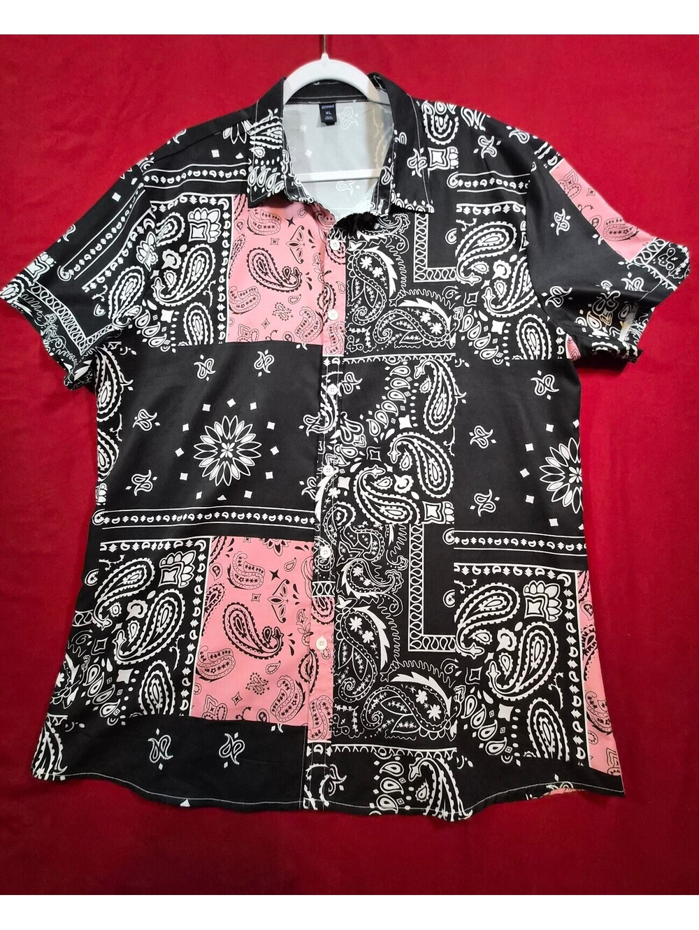 ROMWE Guys Paisley Print Button-Up Shirt black, white, and pink bandana style